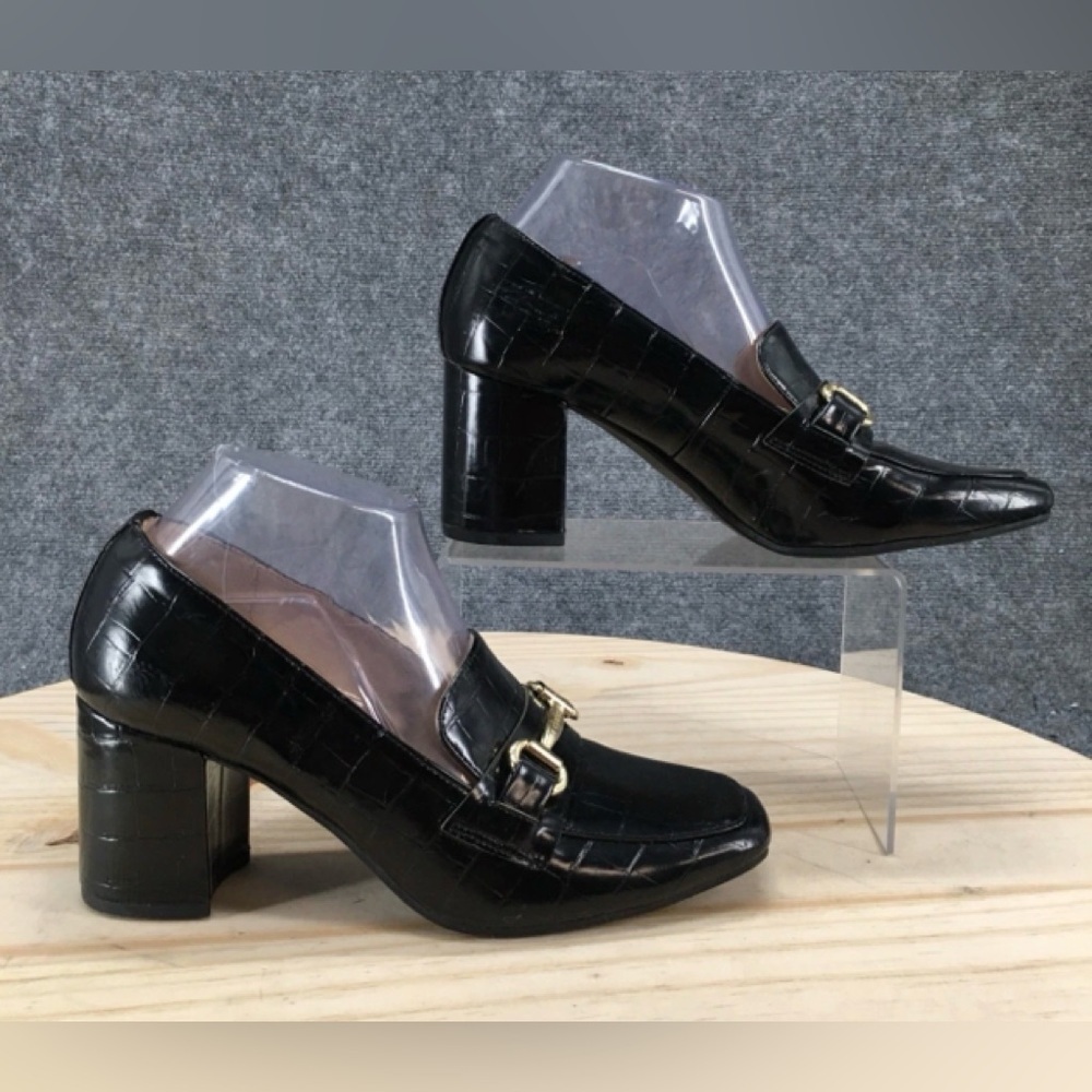 Liz Claiborne Black Croc-Embossed Block Heel Loafers with Gold Buckle - Picture 4 of 4